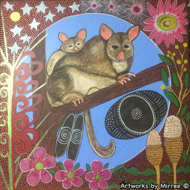 Possum and Baby Dreaming with Coolamon Large Contemporary Aboriginal Art Original Painting by Mirree